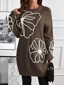 EMERY ROSE Women Cold Shoulder Long Sleeve Embroidered Knit Sweater Dress In Autumn Formal Party Going Out Black Floral Elegant Casual - Brown - View 1