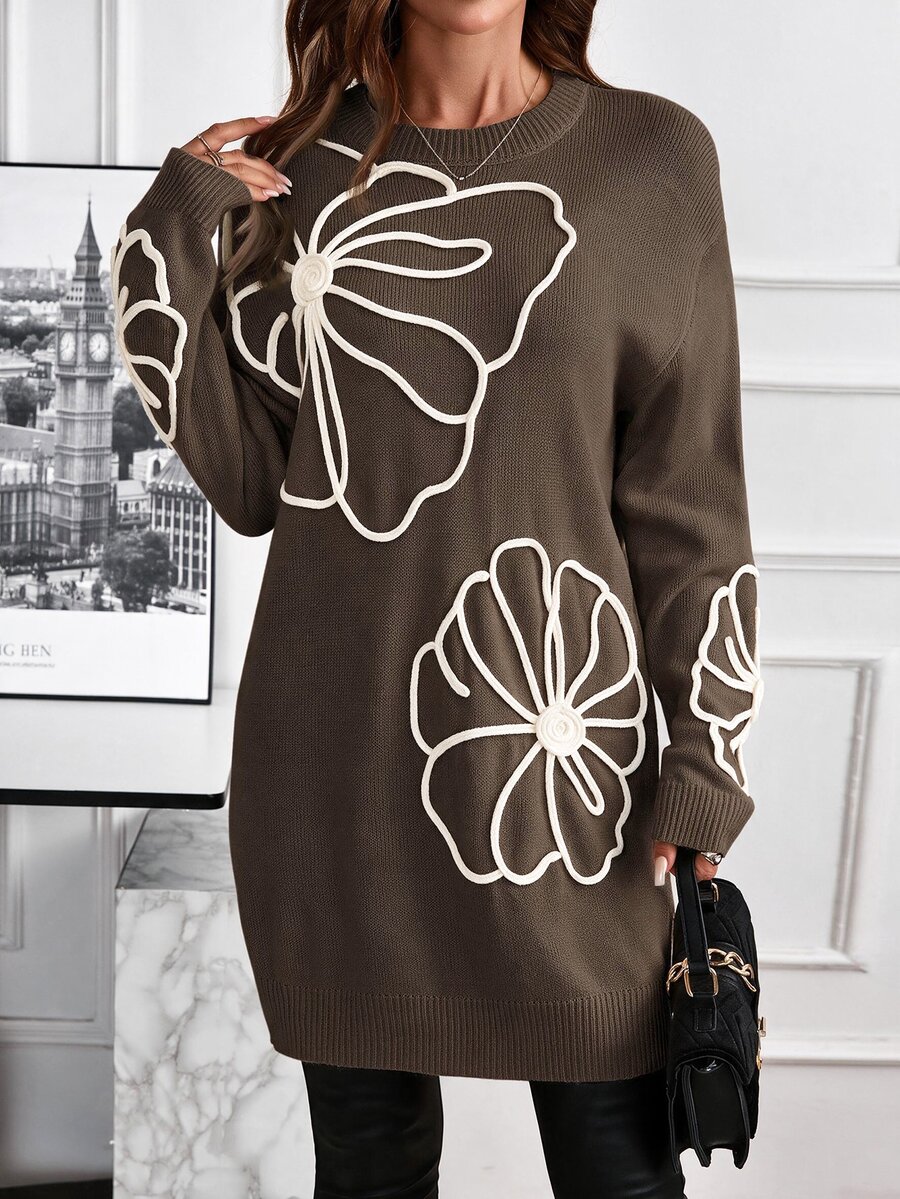 EMERY ROSE Women Cold Shoulder Long Sleeve Embroidered Knit Sweater Dress In Autumn Formal Party Going Out Black Floral Elegant Casual - Brown - View 1