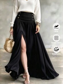 Velvienne Plus Size Women's Autumn Napoleon Style Button Decor Slit A-Line Skirt, Elegant Versatile Casual Minimalist Skirt - Black - View 4