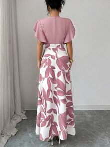 EMERY ROSE Plus Size Women Color Block Leaf Print Wrap V‑Neck Ruffle Short Sleeve High Waist A‑Line Maxi Dress Summer Daily Going Out Vacation Elegant Sundress - Multicolor - View 2