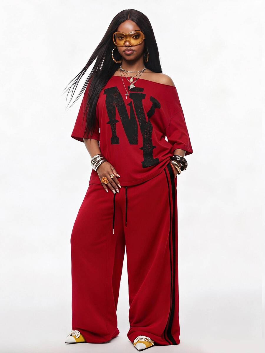 Vadaroq Women's Summer/Fall Streetwear Going Out Oversized Vintage Casual Graphics Cold Shoulder Oversized Navy Blue T-Shirt - Red - View 1