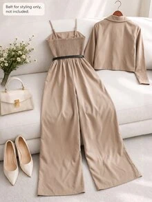 Bộ jumpsuit 2 món màu kaki cho thiếu nữ, gồm áo blazer dáng ngắn và áo liền quần ống rộng cúp ngực cho mùa thu đông - Màu Khaki - Xem 2