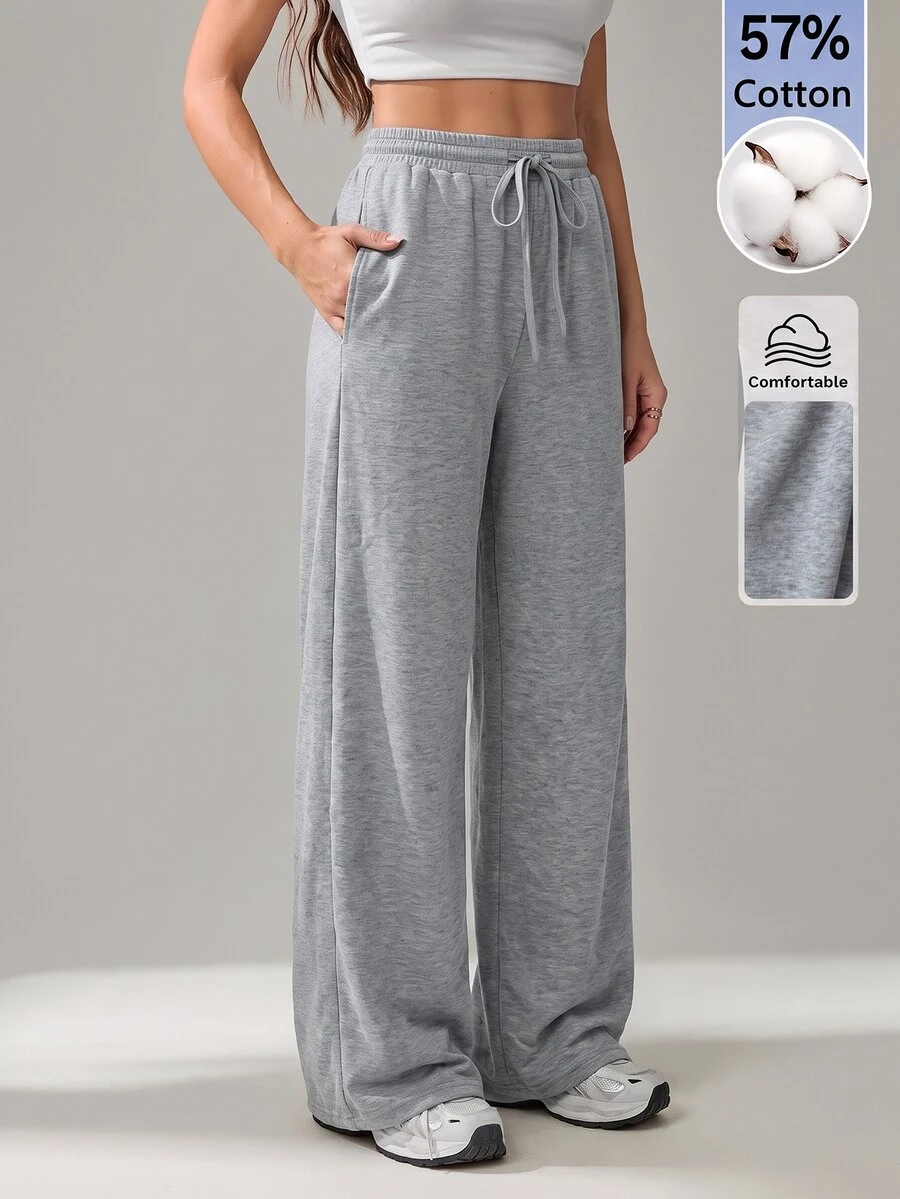 SHEIN Tall Women's Casual Sports Minimalist Versatile Solid Color Drawstring Waist Wide Leg Sweatpants - Grey - View 1