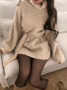 DAZY 女款高領純色長袖綁帶優雅韓風針織衫 - 杏色 - 查看 5
