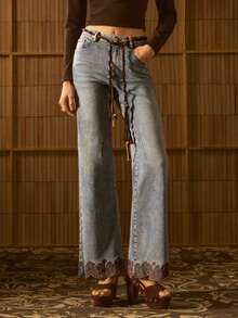 MOTF STUDIO WOMEN'S AUTUMN/WINTER VINTAGE WASHED BOHEMIAN EMBROIDERED HEM DENIM LONG PANTS - Medium Wash - View 2
