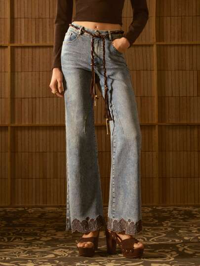 MOTF STUDIO WOMEN'S AUTUMN/WINTER VINTAGE WASHED BOHEMIAN EMBROIDERED HEM DENIM LONG PANTS