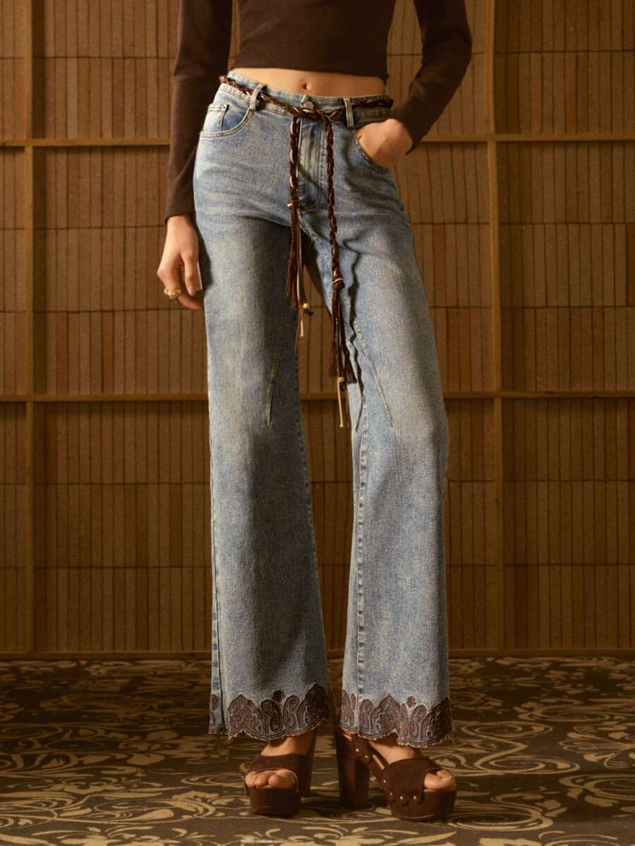 MOTF STUDIO WOMEN'S AUTUMN/WINTER VINTAGE WASHED BOHEMIAN EMBROIDERED HEM DENIM LONG PANTS - Medium Wash - View 1