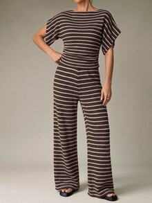 SHEIN Tall Women's Striped Short Sleeve 2 Pieces Set - Brown - View 5