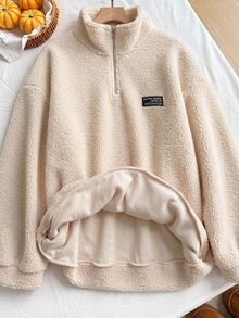 Comfortcana 大尺碼深綠色刷毛運動衫，秋冬正式外出度假居家海灘休閒寬鬆復古風 - 杏色 - 查看 5