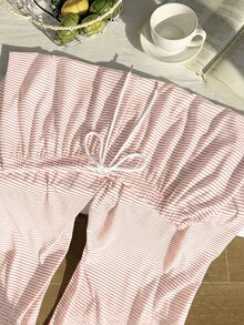 Comfortcana 大尺碼女款棕色白色條紋休閒傳統西式抽繩長褲，秋季居家服曲線睡褲下身，感恩節正式晚裝 - 淺粉色 - 查看 5