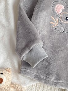 Girls' Cute Koala Embroidered Glasses Design Fleece-Lined Thermal Pajama Set, Round Neck Long Sleeve Top And All-Over Koala Print Pants, Ribbed Collar Cuffs And Hem, Soft Warm Comfortable Home Sleepwear, 2 Pieces Set, FW - Grey - View 6