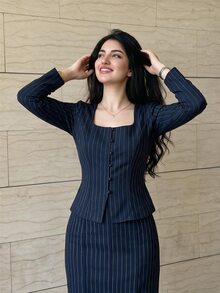 Feyla Women's Square Neck Striped Top And Striped Skirt Elegant Two Pieces Set - Navy Blue - View 2
