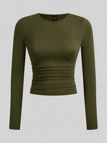 SHEIN EZwear 黑色卡其色深棕色白色針織女款圓領長袖抓皺緊身T恤，日常秋季極簡基礎簡約款 - 彩色 - 查看 4