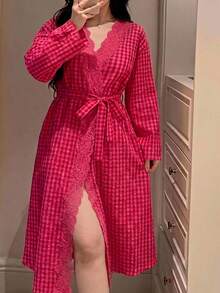 Dazy Plus Rose Red Contrast Lace Plaid Loose Tie Elegant Nightgown - Hot Pink - View 2