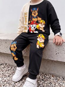 SHEIN | PAW Patrol 小男孩白色拼色卡通小狗印花寬鬆衛衣套裝 秋季長袖上衣與長褲 返校休閒穿搭 生日海灘造型 - 彩色 - 查看 1