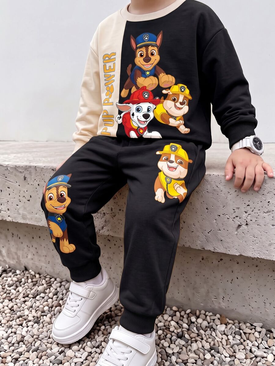 SHEIN | PAW Patrol 小男孩白色拼色卡通小狗印花寬鬆衛衣套裝 秋季長袖上衣與長褲 返校休閒穿搭 生日海灘造型 - 彩色 - 查看 1