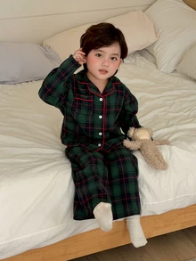 Dazy Kids Infant (Boy) Turn Collar Plaid Korean Style Long Sleeve Loungewear - Green - View 6