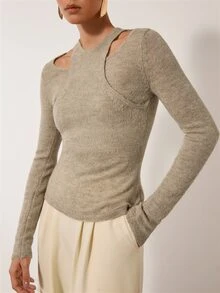 MERLEAU Women's Modern Grey Floral Knit Top - Khaki - View 1
