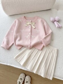 SHEIN Young Girl Young Girl Solid Color Knit Bow Pattern Sweater & Skirt Set 2pcs Suitable For Autumn/Winter - Pink - View 3