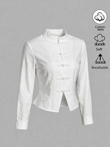Avenya Chinese Style Stand Collar Frog Button Waist-Cinching Blouse, Pure Cotton, Commuter Wear - Beige - View 4