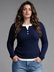 Nubod Plus Size Blue & White Colorblock Button Design Ribbed Slim Fit Long Sleeve 2 In 1 Sweater Casual Comfortable Commute - Blue - View 1