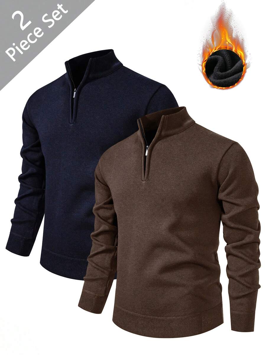 Manfinity Homme Men's 2pcs Half-Zip Pullover Sweater Set, Autumn/Winter - Coffee Brown - View 1