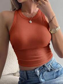 Livesso 女款純色修身背心，極簡休閒日常穿著外出上衣 - 橘色 - 查看 2
