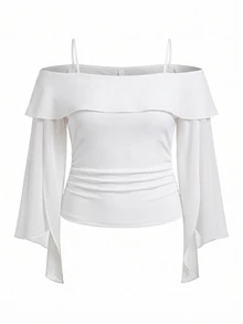 Sweetra Plus Size Early Autumn White Off-Shoulder Chiffon Sleeve Patchwork Elegant Party T-Shirt - White - View 4