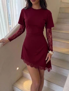 Aloruh 女款優雅圓領不對稱下擺蕾絲拼接收腰長袖迷你洋裝，秋季休閒女裝，時尚黑色洋裝 - 酒紅色 - 查看 1