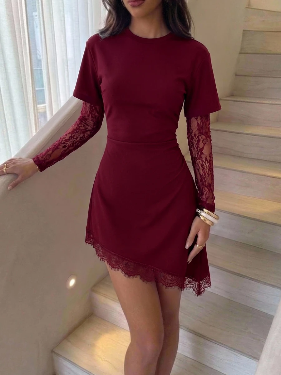 Aloruh 女款優雅圓領不對稱下擺蕾絲拼接收腰長袖迷你洋裝，秋季休閒女裝，時尚黑色洋裝 - 酒紅色 - 查看 1
