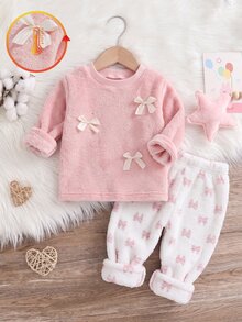 SHEIN 秋冬雙面法蘭絨加厚可愛白色3D蝴蝶結毛絨長袖上衣與粉色/白色粉色蝴蝶結加厚長褲女嬰家居服套裝 - 粉色 - 查看 7