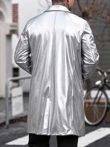Manfinity CasualCool 男士 PU 布料單排扣黑色秋季優雅晚宴風衣，寬鬆極簡翻領長版外套，適合送給丈夫/男友的週年禮物 - 銀色 - 查看 2