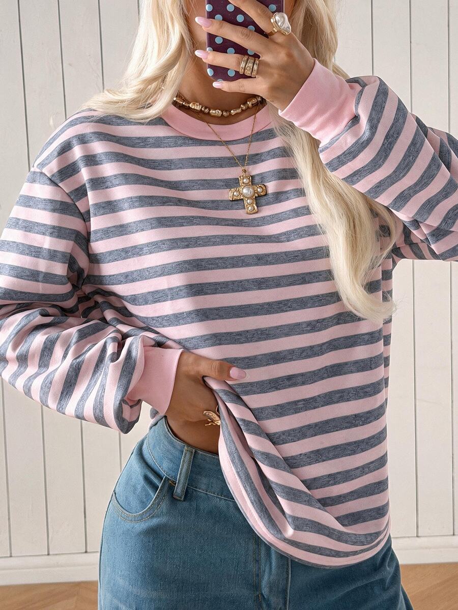 SHEIN EZwear 女款時尚百搭黃色長袖圓領運動衫 開學季 學校教師 畢業季 秋季休閒學院風 早午餐穿搭 - 粉色 - 查看 1