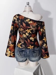 SHEIN ICON 女款休閒浪漫花卉印花大尺碼不對稱肩長袖T恤 - 彩色 - 查看 2