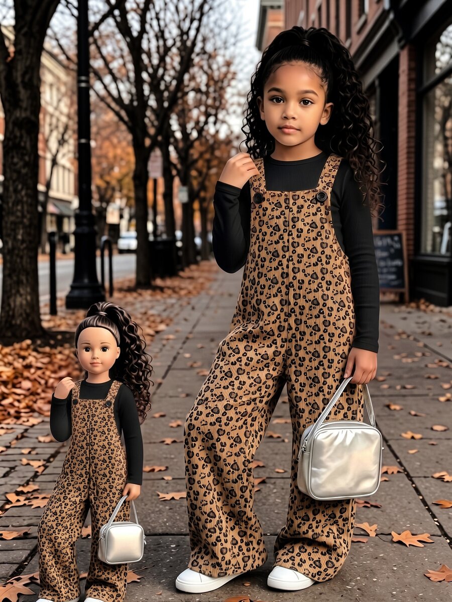 SHEIN 女童可愛白色印花羅紋連身褲，2026年秋季時尚寬腿吊帶褲，7歲生日婚禮幼兒園仙女公主風 - 咖啡棕 - 查看 1