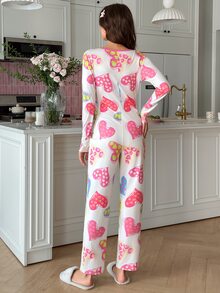 SweetSlumber Women's Heart Print Casual Daily Home Jumpsuit - Multicolor - View 3