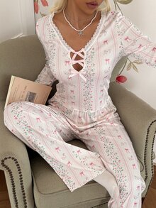 CottageSlumber Floral Bowknot Home Wear Set, Comfortable Long Sleeve V-Neck Girly Pajama 2 Pieces Set - Multicolor - View 3
