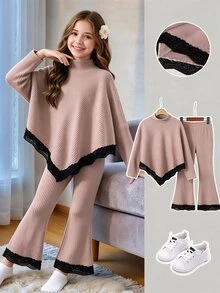 SHEIN Tween Girls Outfits Set , Driven Asymmetrical High Neck Khaki Long Sleeve T-Shirt Top Paired With Pants,Fall Clothes Back To School Clothes Girls - Khaki - View 7