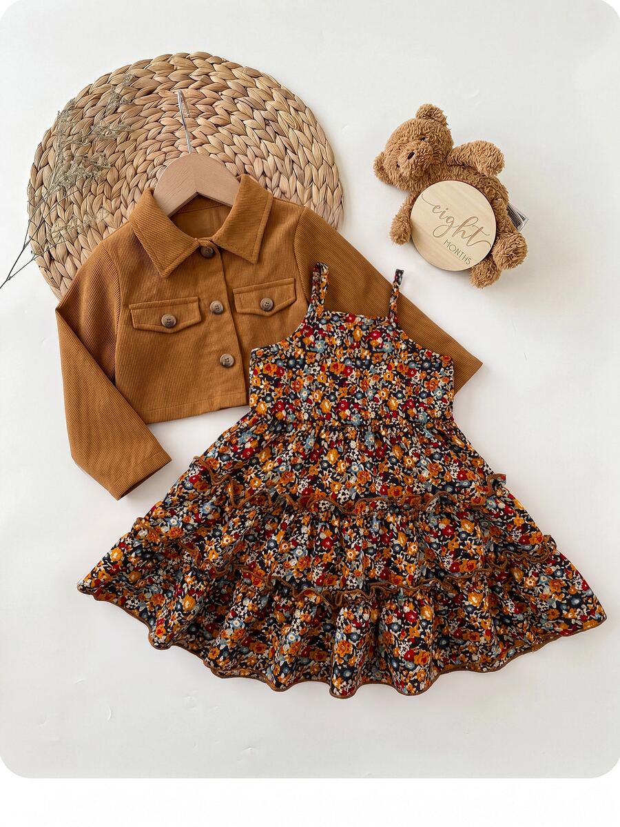SHEIN Baby Girl Solid Color Single-Breasted Long Sleeve Jacket And Dress Casual Set - Brown - View 1