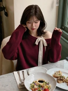 DAZY Sweater Wanita Longgar Warna Blok dengan Patchwork Renda Kasual Elegan Warna Merah - Burgundy - View 4