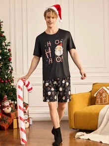 Notgurli Christmas Cute Cartoon Santa Claus Print Letter T-Shirt And Shorts Men's Pajama Set - Multicolor - View 5