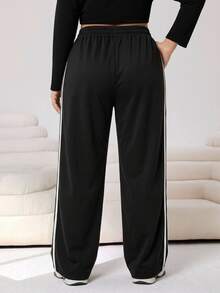 SHEIN CURVE+ Plus Size Black Casual Drawstring Waist Loose Fit Sweatpants, Autumn - Black - View 2