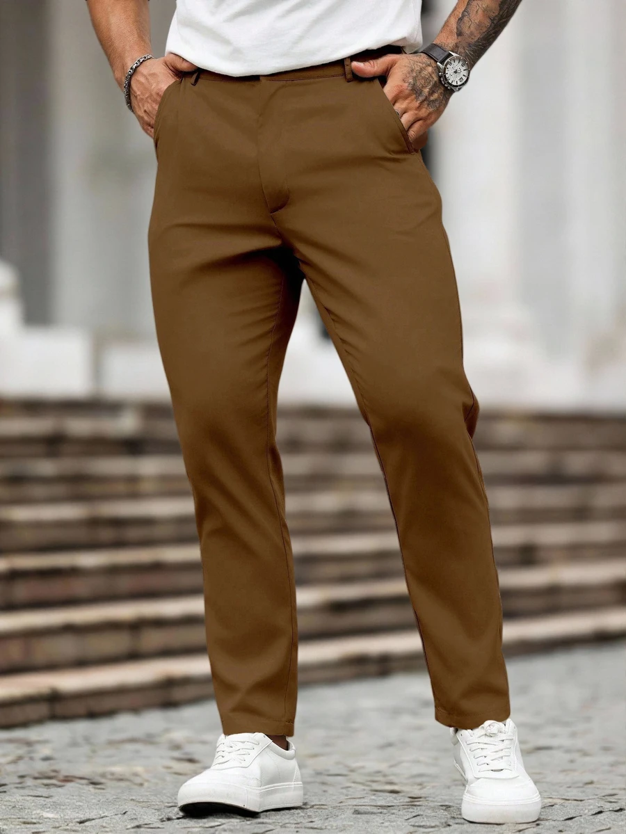 Manfinity Homme Men's Solid Color Pocketed Casual Straight Leg Pants, Fall - Rust Brown - View 1