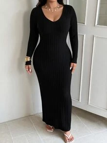 SHEIN EZwear Plus Solid V Neck Bodycon Dress Date Night Dress, Winter - Black - View 8