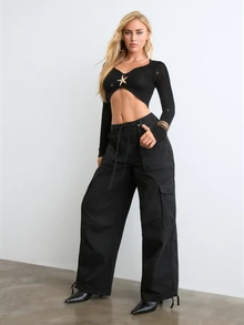 BAD SUNDAY Women's Fall/ Sexy Vintage Y2K Knit Cropped Top Night Out Club Black - Black - View 3