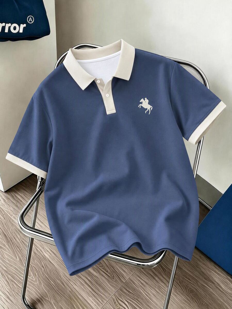 Daypath 男士騎士圖案拼色休閒日常短袖 Polo 衫 - 霧霾藍 - 查看 1