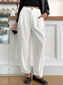 Easowa Women's Ribbed Button Pocket Pleated Long Pants - White - View 2