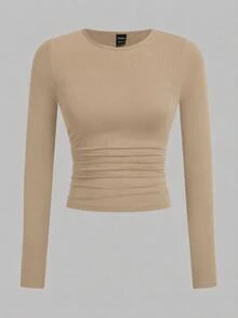SHEIN EZwear 黑色卡其色深棕色白色針織女款圓領長袖抓皺緊身T恤，日常秋季極簡基礎簡約款 - 彩色 - 查看 5
