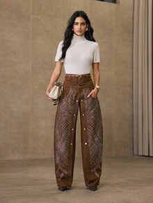 Anewsta Quần jean denim nữ phong cách đường phố cạp đôi đính nút và đá rhinestone - màu nâu - Xem 5