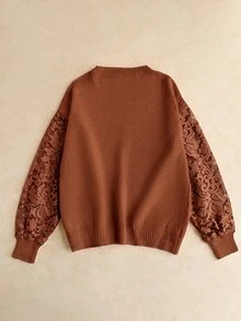 Elaquor 大尺碼休閒優雅百搭網格拼接套頭毛衣，秋冬酒紅色 - 摩卡棕 - 查看 2